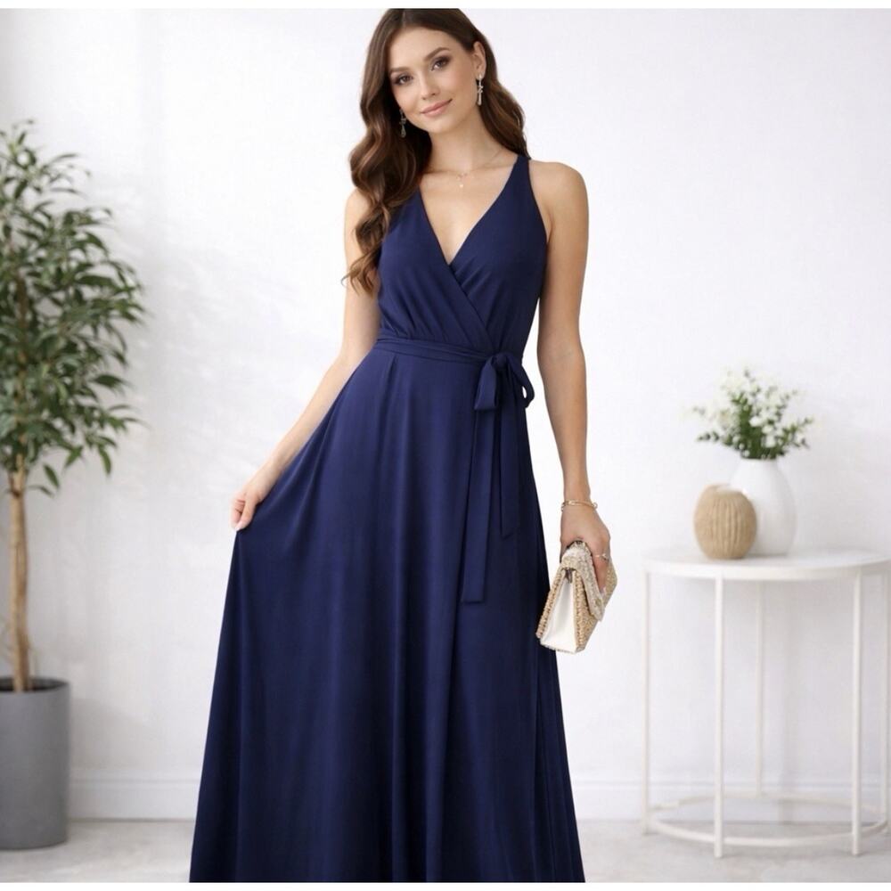 NWT 41 Hawthorn Sz Sm Maxi Blue Faux Wrap Empire Waist Tie Soft 54” Long Dress